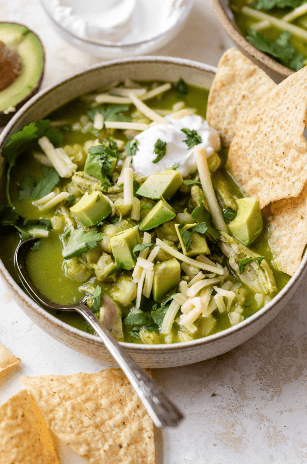 Chicken Pozole Verde with Roasted Tomatillos and Cilantro